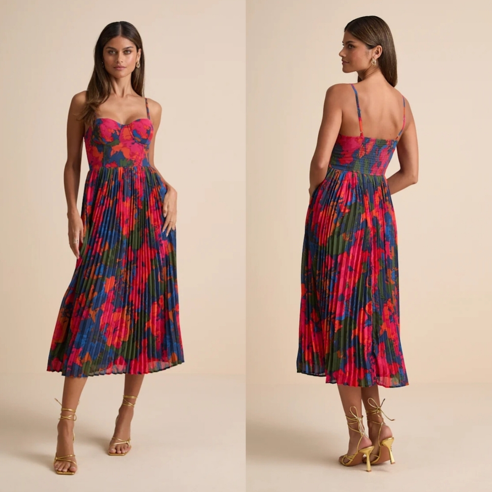 Lulus Dorothy Dark Blue Multi Floral Print Pleated Midi Dress M Wedding Party